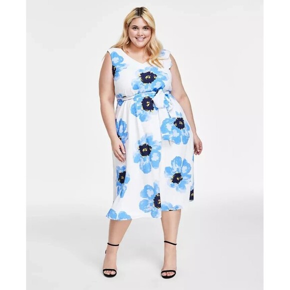 Anne Klein Dresses & Skirts - Anne Klein Women's  Floral Print Sleeveless Belted Midi Dress White Blue XL